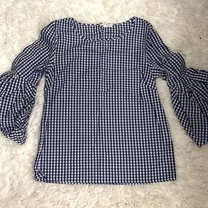 Blue gingham flare sleeve blouse